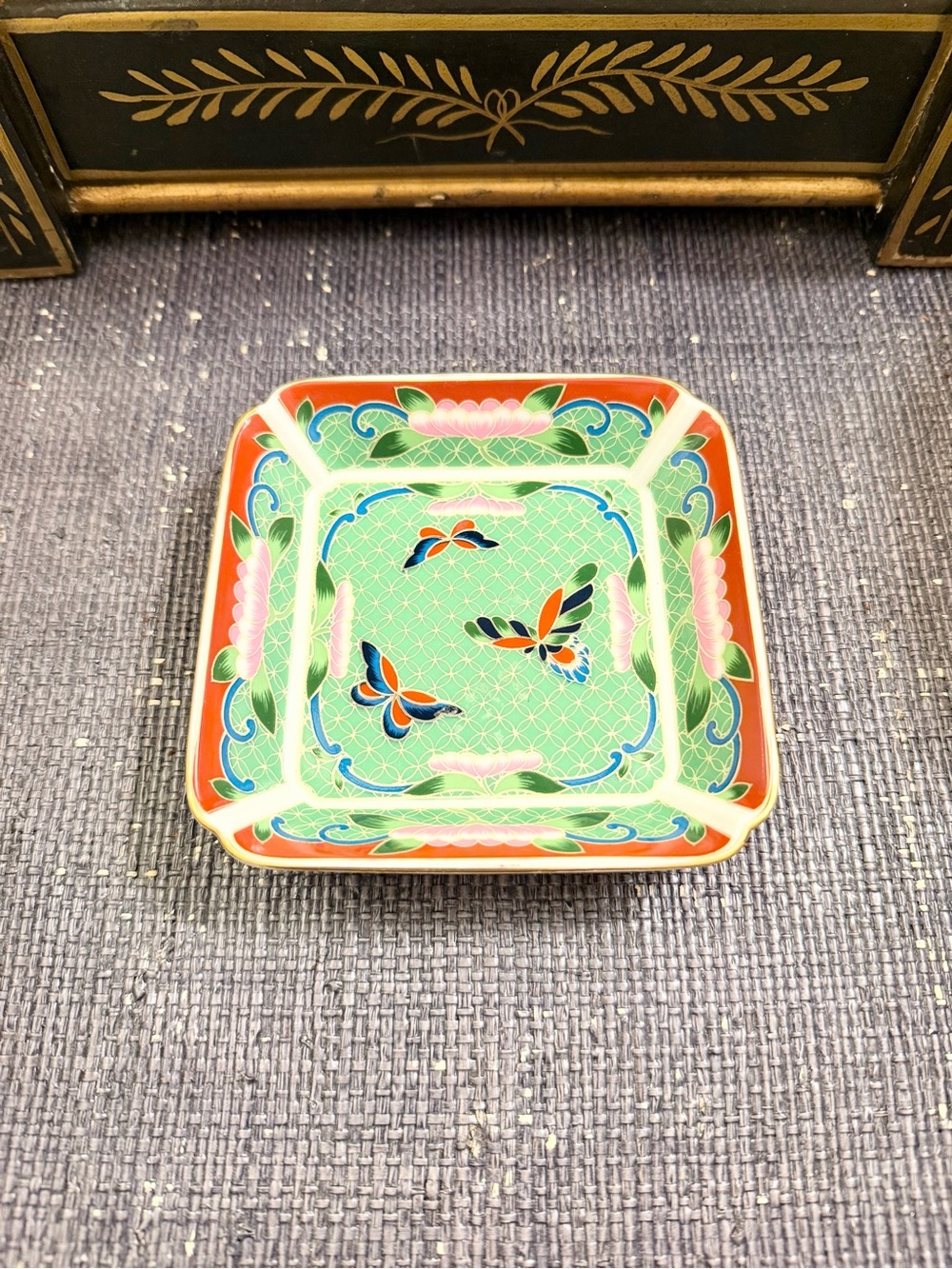 Decorative Green and Coral Butterfly Square Dish